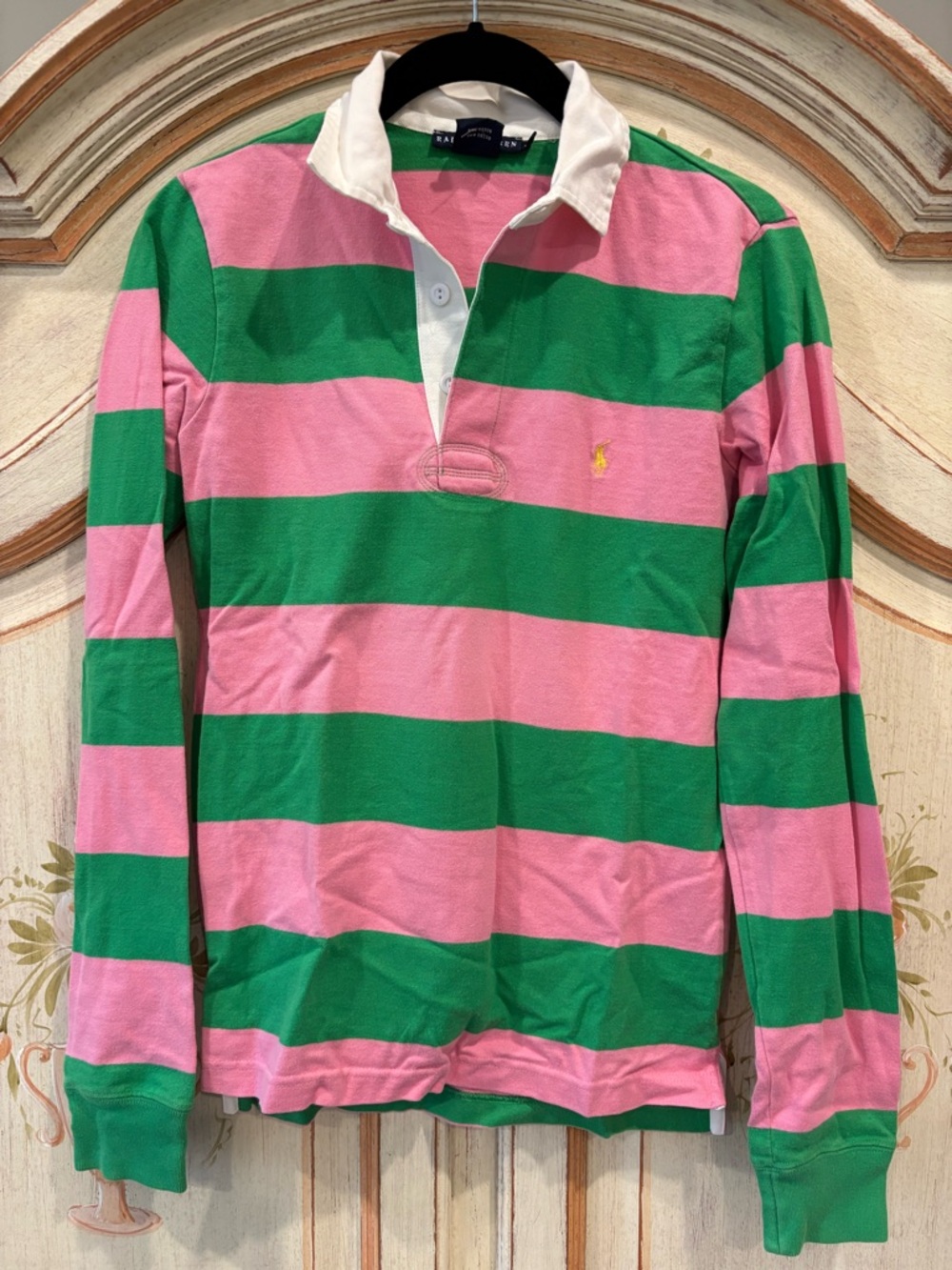 Ralph Lauren Blue Label Pink and Green Striped Long Sleeve Rugby Shirt
